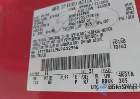 2005 Ford Ranger Edge/Stx/Xlt из США, поврежденный, VIN 1FTYR44U55PA22958